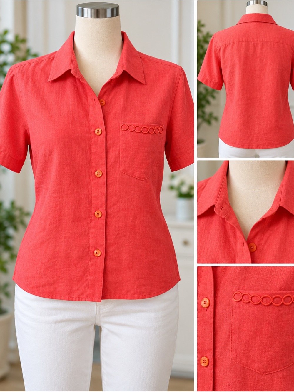 Talbots Coral-Red Short-Sleeve Button-Down Shirt